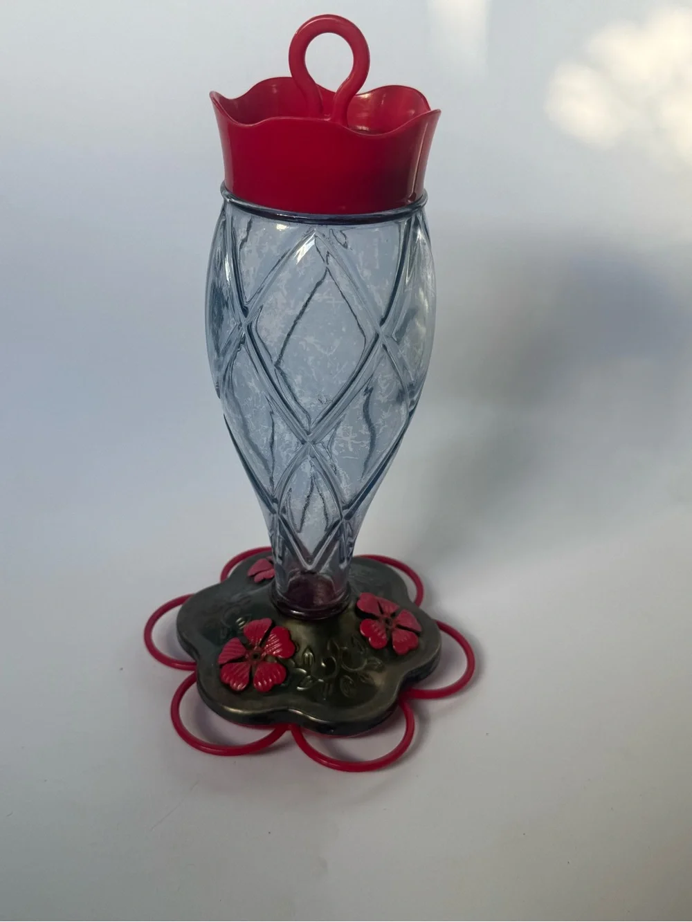 Vintage Decorative Glass Hummingbird Feeder with Red Accents